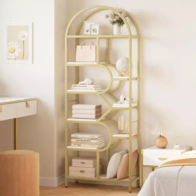 Libreria a 6 ripiani ad arco Scaffale alto 207,5 cm con ripiani geometrici aperti e design unico, struttura in metallo