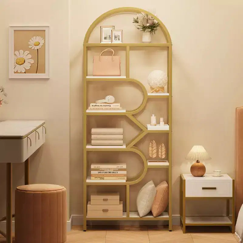 Libreria a 6 ripiani ad arco Scaffale alto 207,5 cm con ripiani geometrici aperti e design unico, struttura in metallo