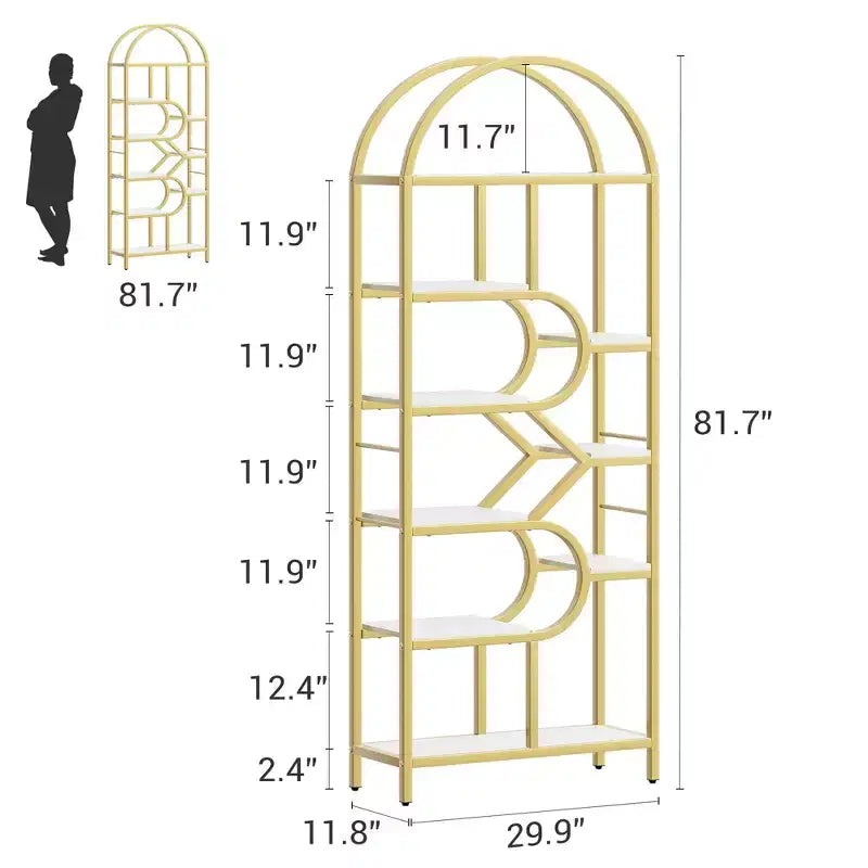 Libreria a 6 ripiani ad arco Scaffale alto 207,5 cm con ripiani geometrici aperti e design unico, struttura in metallo