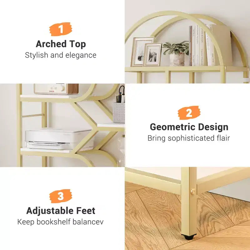Libreria a 6 ripiani ad arco Scaffale alto 207,5 cm con ripiani geometrici aperti e design unico, struttura in metallo