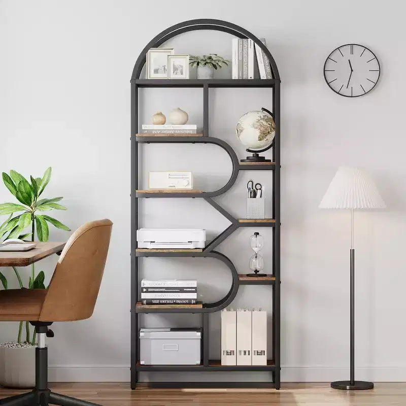 Libreria a 6 ripiani ad arco Scaffale alto 207,5 cm con ripiani geometrici aperti e design unico, struttura in metallo