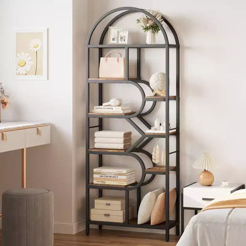 Libreria a 6 ripiani ad arco Scaffale alto 207,5 cm con ripiani geometrici aperti e design unico, struttura in metallo