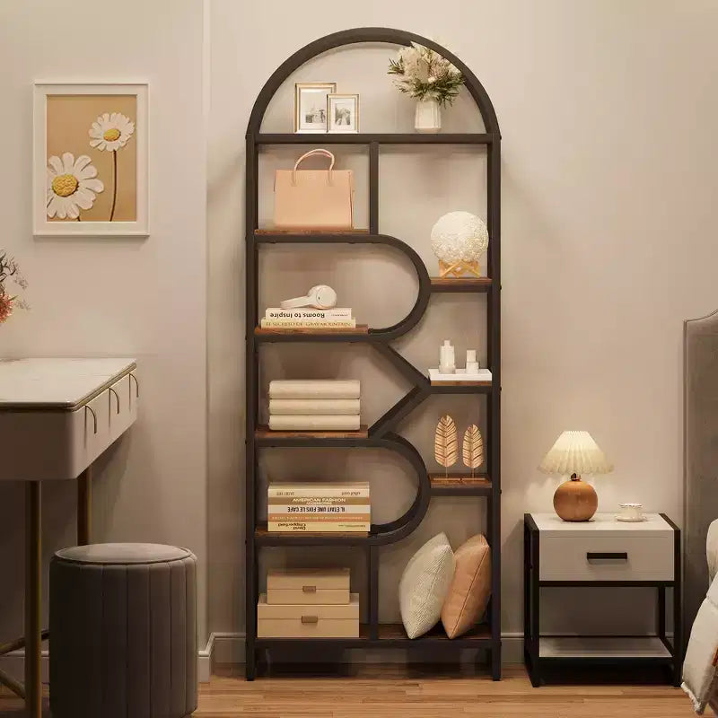 Libreria a 6 ripiani ad arco Scaffale alto 207,5 cm con ripiani geometrici aperti e design unico, struttura in metallo