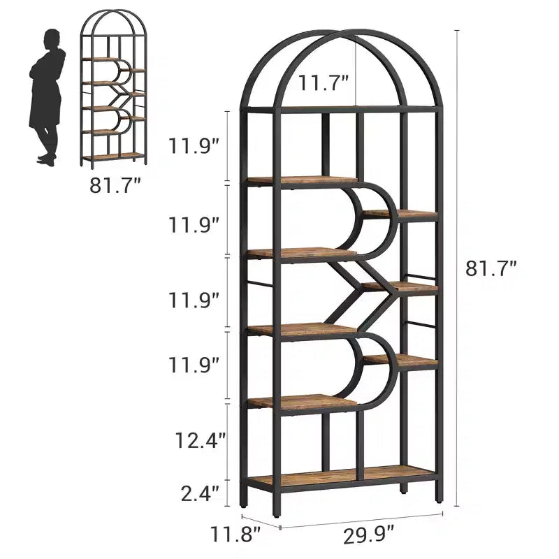 Libreria a 6 ripiani ad arco Scaffale alto 207,5 cm con ripiani geometrici aperti e design unico, struttura in metallo