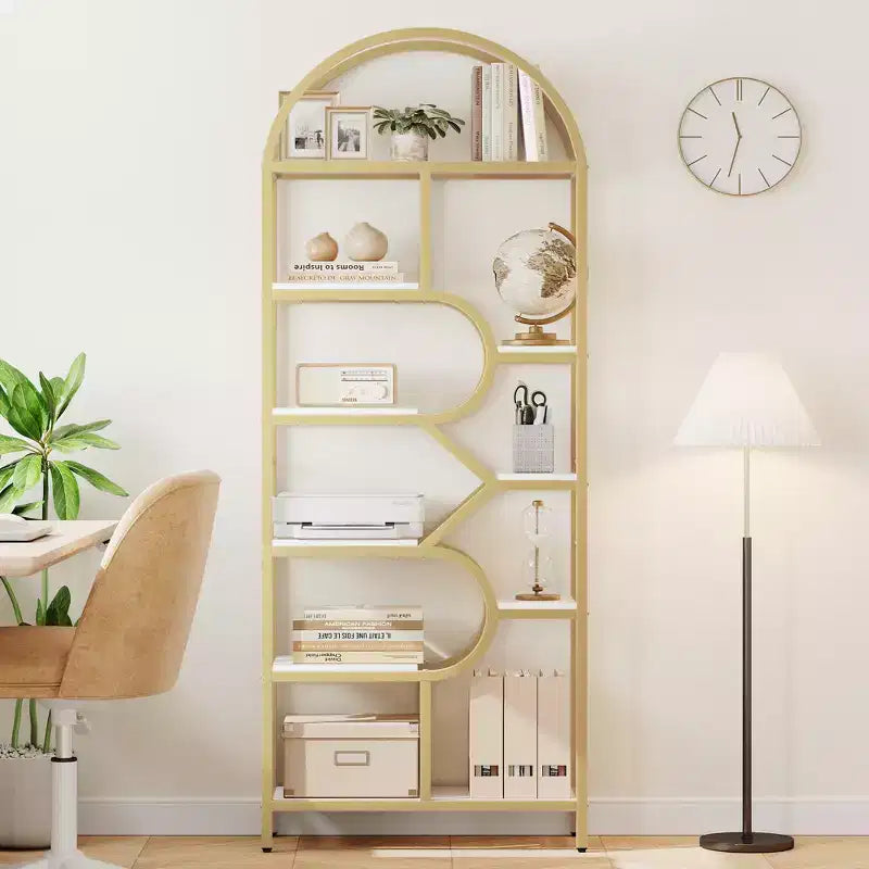 Libreria a 6 ripiani ad arco Scaffale alto 207,5 cm con ripiani geometrici aperti e design unico, struttura in metallo