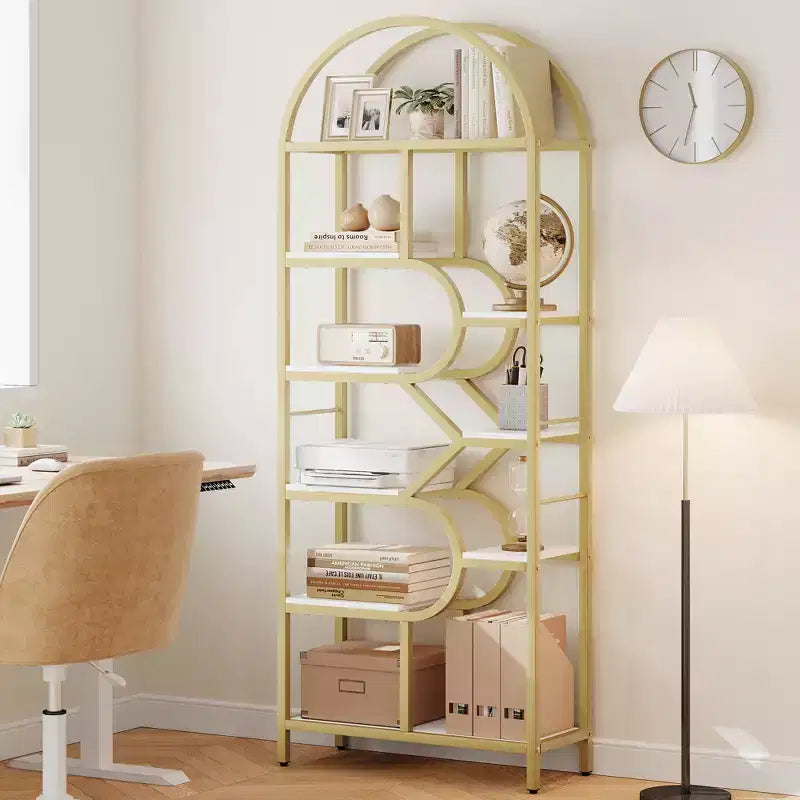 Libreria a 6 ripiani ad arco Scaffale alto 207,5 cm con ripiani geometrici aperti e design unico, struttura in metallo