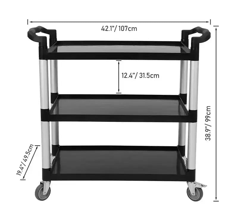 Carrello da ristorante a 360 gradi, carrello per il servizio alimentare di dimensioni 42Wx 20Dx 39H resistente, carrello multiuso in plastica a 3 ripiani con ruote bloccabili