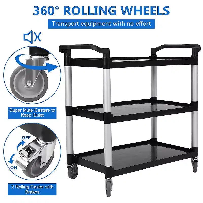 Carrello da ristorante a 360 gradi, carrello per il servizio alimentare di dimensioni 42Wx 20Dx 39H resistente, carrello multiuso in plastica a 3 ripiani con ruote bloccabili