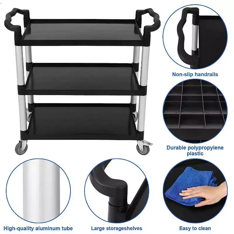 Carrello da ristorante a 360 gradi, carrello per il servizio alimentare di dimensioni 42Wx 20Dx 39H resistente, carrello multiuso in plastica a 3 ripiani con ruote bloccabili