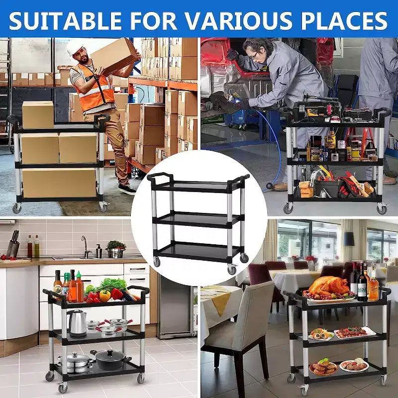 Carrello da ristorante a 360 gradi, carrello per il servizio alimentare di dimensioni 42Wx 20Dx 39H resistente, carrello multiuso in plastica a 3 ripiani con ruote bloccabili