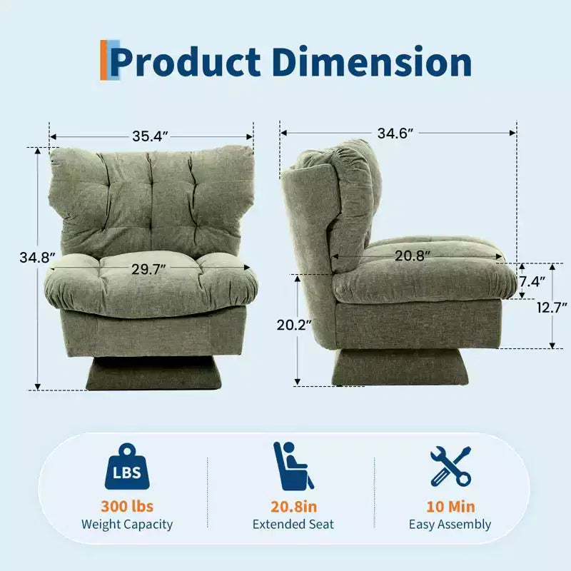 Poltrona girevole in ciniglia, comoda poltrona moderna a 360° con base oversize, seduta estesa da 52,8 cm, carico massimo 136 kg per soggiorno