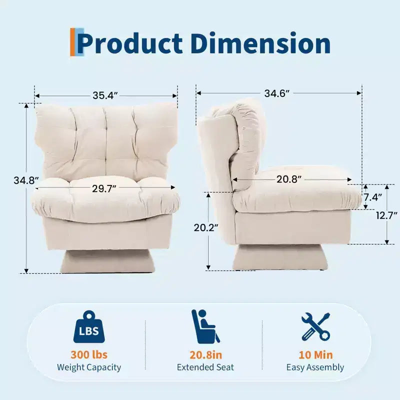 Poltrona girevole in ciniglia, comoda poltrona moderna a 360° con base oversize, seduta estesa da 52,8 cm, carico massimo 136 kg per soggiorno