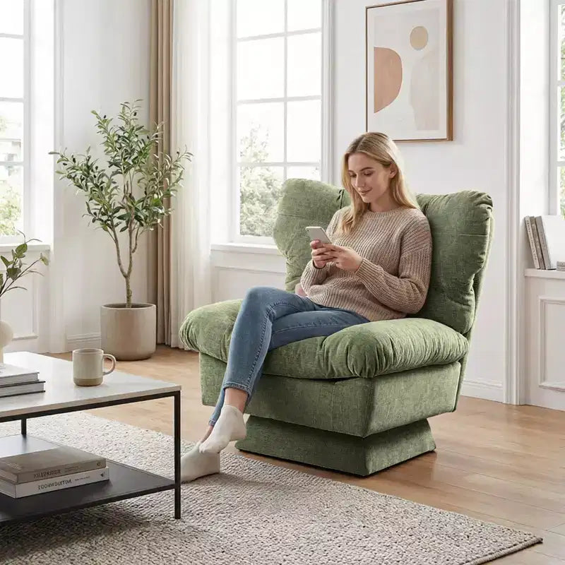 Poltrona girevole in ciniglia, comoda poltrona moderna a 360° con base oversize, seduta estesa da 52,8 cm, carico massimo 136 kg per soggiorno