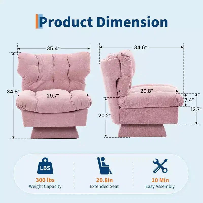 Poltrona girevole in ciniglia, comoda poltrona moderna a 360° con base oversize, seduta estesa da 52,8 cm, carico massimo 136 kg per soggiorno