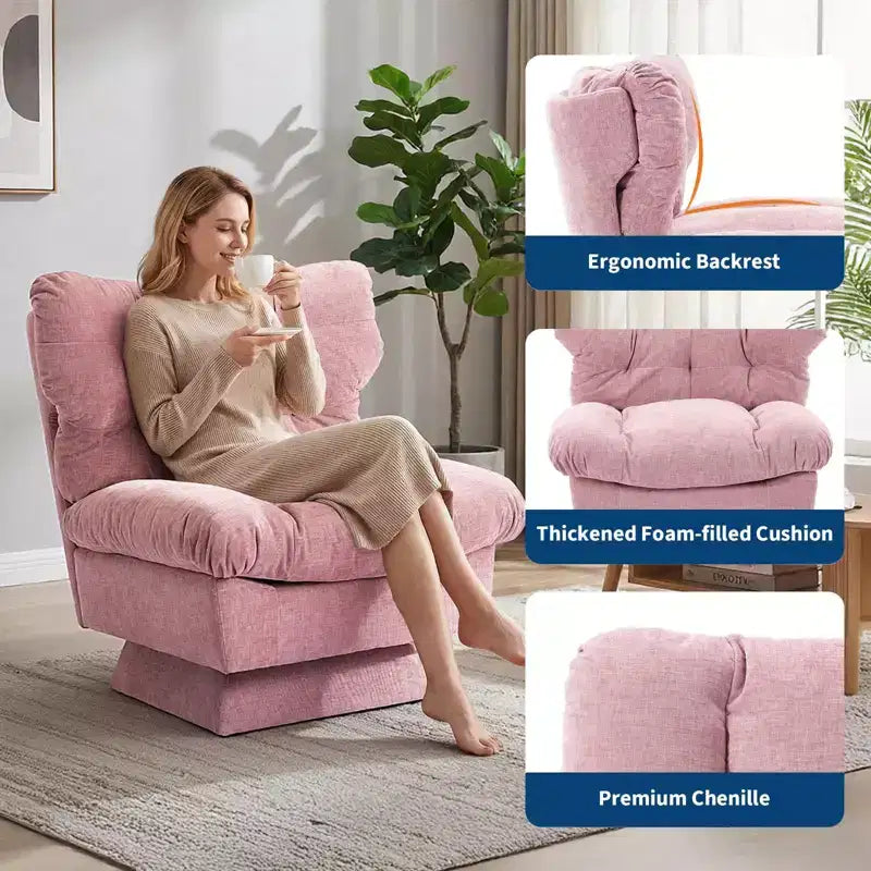 Poltrona girevole in ciniglia, comoda poltrona moderna a 360° con base oversize, seduta estesa da 52,8 cm, carico massimo 136 kg per soggiorno
