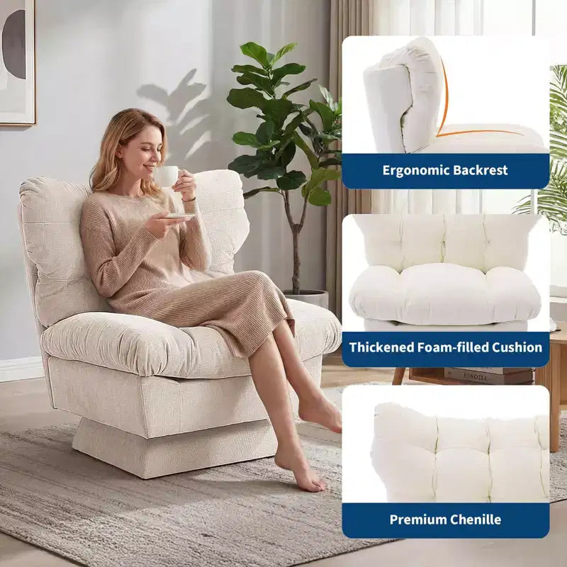 Poltrona girevole in ciniglia, comoda poltrona moderna a 360° con base oversize, seduta estesa da 52,8 cm, carico massimo 136 kg per soggiorno