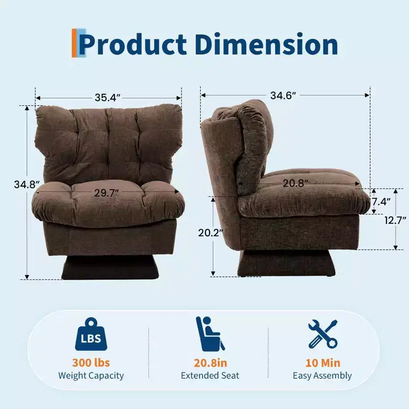 Poltrona girevole in ciniglia, comoda poltrona moderna a 360° con base oversize, seduta estesa da 52,8 cm, carico massimo 136 kg per soggiorno