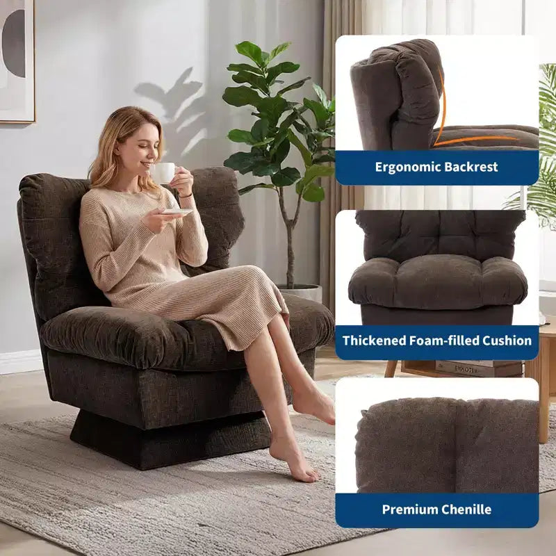 Poltrona girevole in ciniglia, comoda poltrona moderna a 360° con base oversize, seduta estesa da 52,8 cm, carico massimo 136 kg per soggiorno
