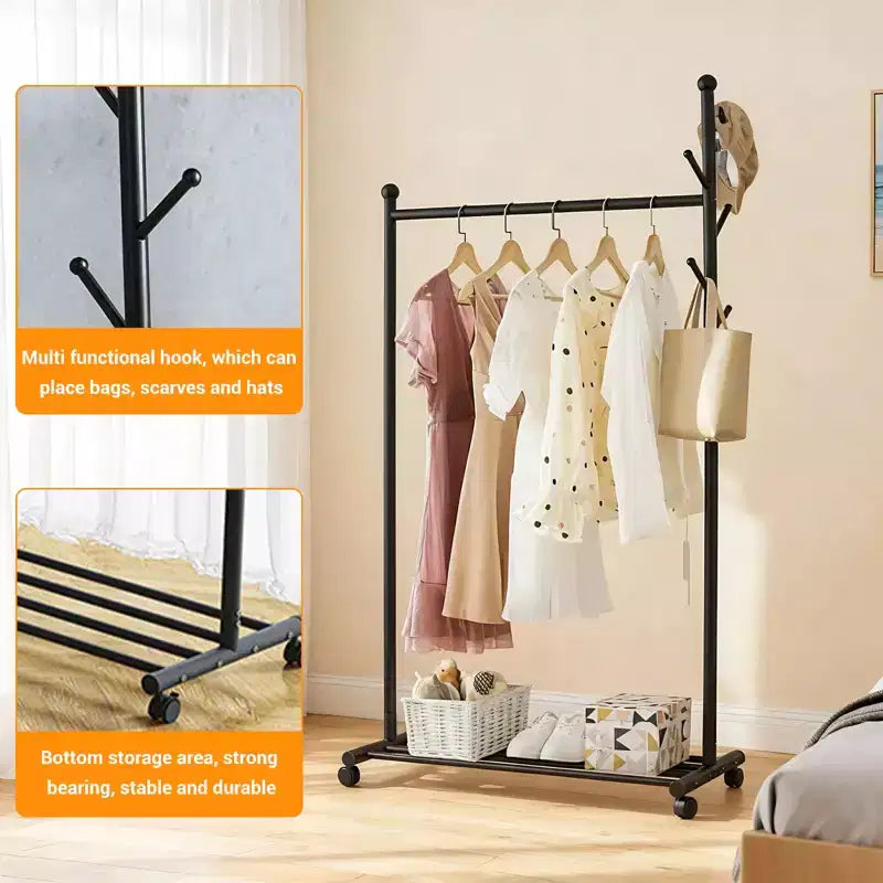 Appendiabiti mobile in acciaio al carbonio con ruote, armadio autoportante largo 104 cm per camera da letto, finitura nera o bianca
