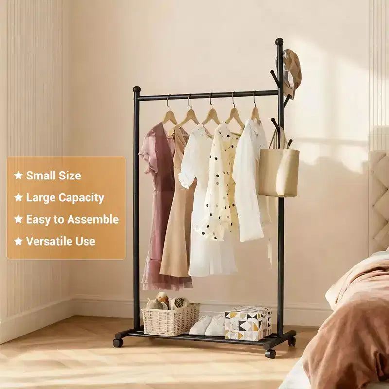Appendiabiti mobile in acciaio al carbonio con ruote, armadio autoportante largo 104 cm per camera da letto, finitura nera o bianca