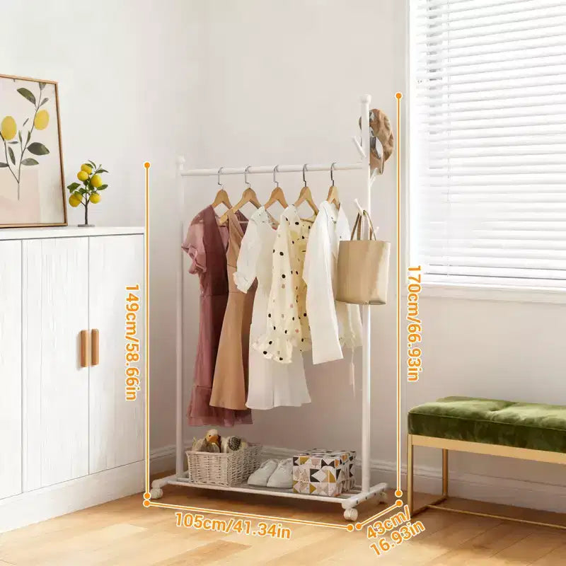 Appendiabiti mobile in acciaio al carbonio con ruote, armadio autoportante largo 104 cm per camera da letto, finitura nera o bianca