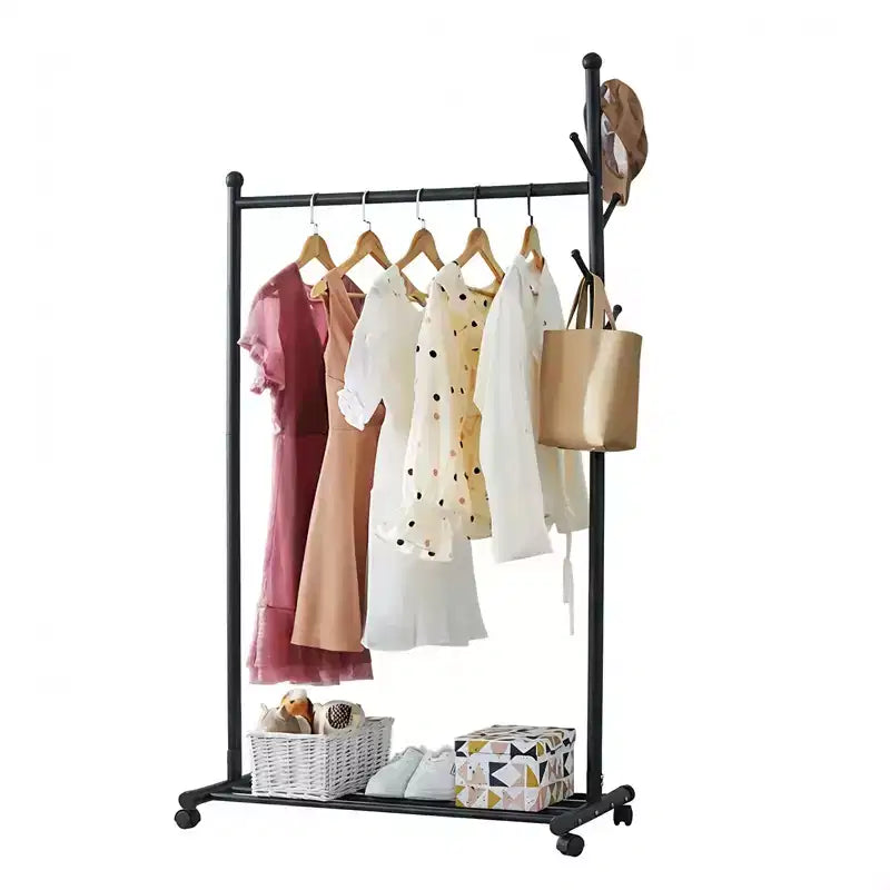 Carbon Steel Rolling Clothing Rack with Wheels, 41-Inch Wide Freestanding Wardrobe for Bedroom, Black or White Finish