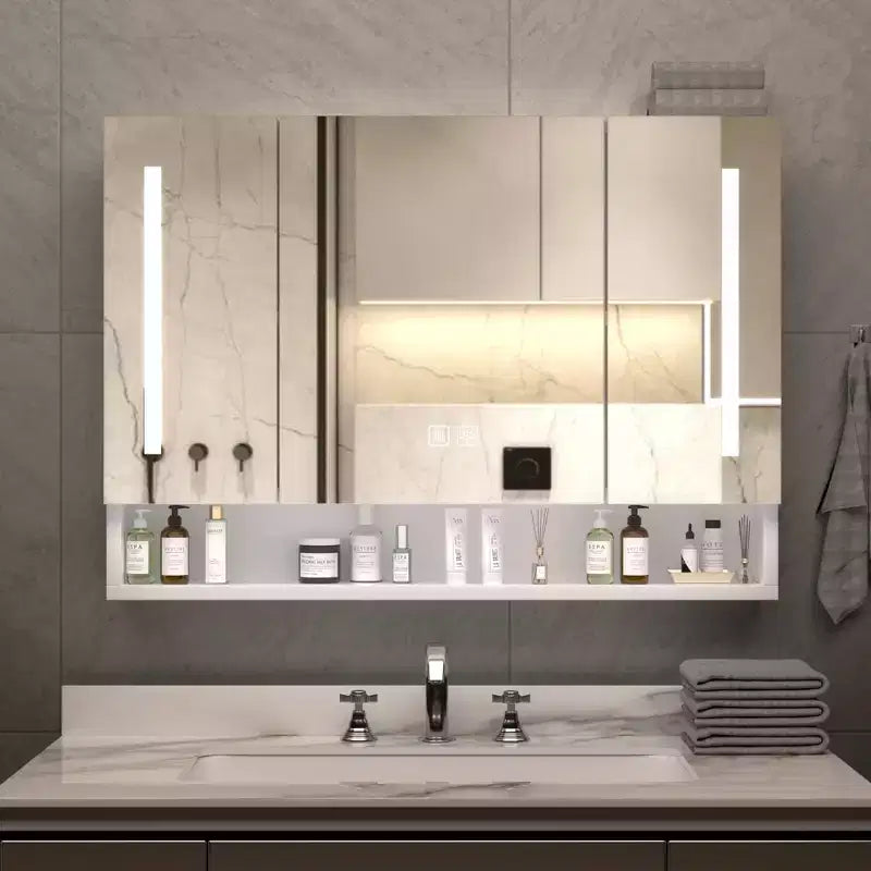 Mobiletto da bagno con specchio in alluminio da 39x28 pollici con luci LED e scomparti