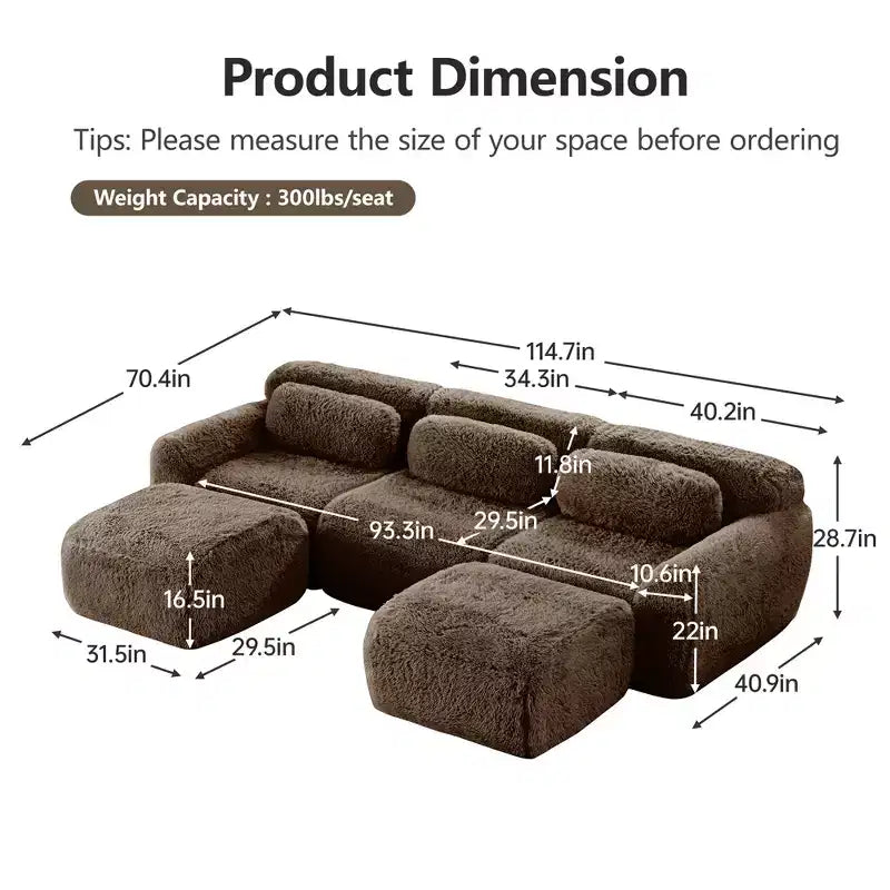 Divano senza struttura a forma di U, spugna HD 32D, fondo antiscivolo, con chaise longue, combinazione libera, confezione sottovuoto, seduta profonda per camera da letto/studio/home theater