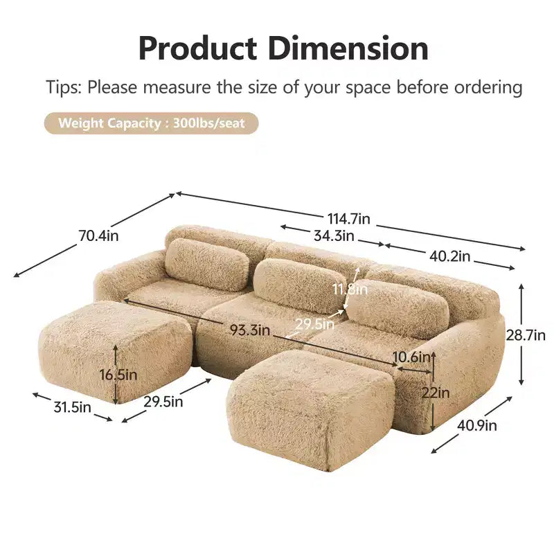 Divano senza struttura a forma di U, spugna HD 32D, fondo antiscivolo, con chaise longue, combinazione libera, confezione sottovuoto, seduta profonda per camera da letto/studio/home theater