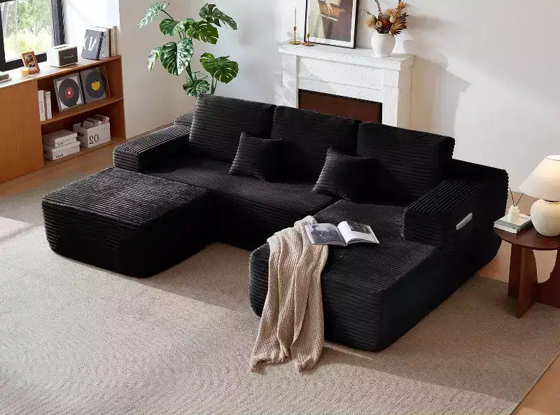 104Cloud Sectional Sofa,U-Shaped Chaise,Deep Seat,Side Pockets,Plush Fabric,No Assembly,Black,Right Facing