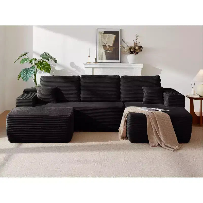 Divano Sezionale Cloud 104, Chaise a U, Seduta Profonda, Tasche Laterali, Tessuto Felpato, Nessun Montaggio, Nero, Lato Destro