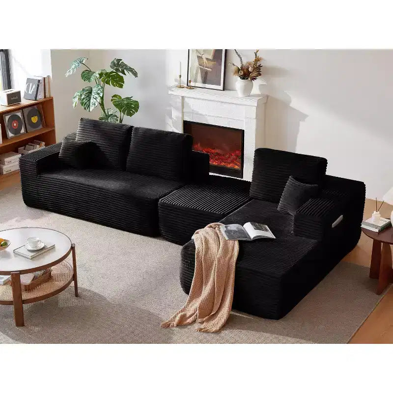 Divano Sezionale Cloud 104, Chaise a U, Seduta Profonda, Tasche Laterali, Tessuto Felpato, Nessun Montaggio, Nero, Lato Destro