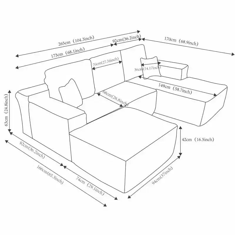 Divano Sezionale Cloud 104, Chaise a U, Seduta Profonda, Tasche Laterali, Tessuto Felpato, Nessun Montaggio, Nero, Lato Destro