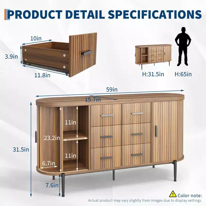 Mobile credenza a buffet scanalato con cassetti multipli e ante scorrevoli per soggiorno e sala da pranzo