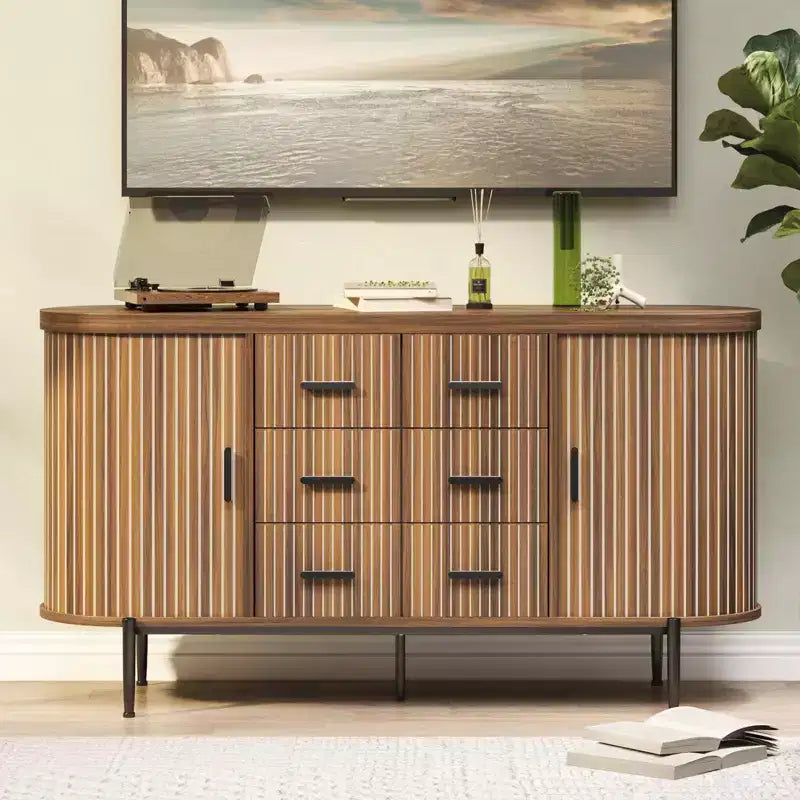 Mobile credenza a buffet scanalato con cassetti multipli e ante scorrevoli per soggiorno e sala da pranzo