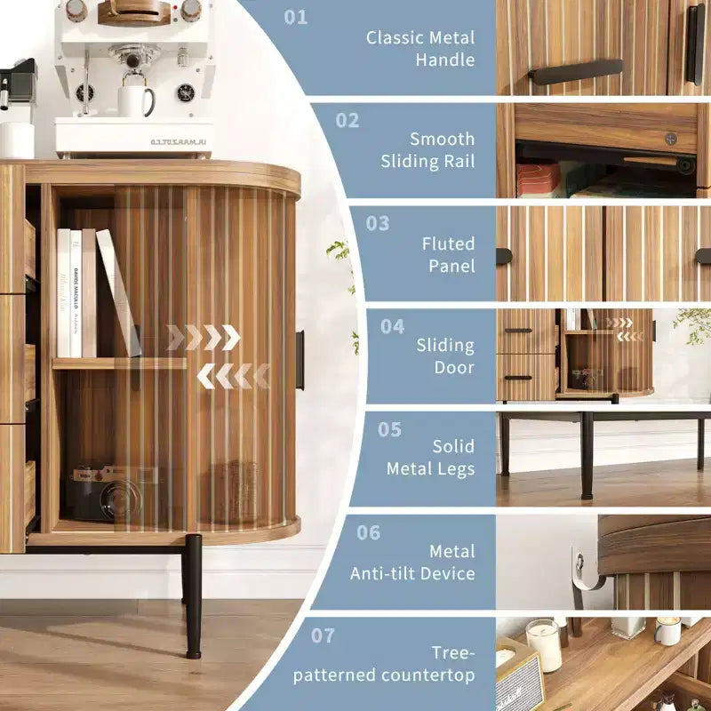 Mobile credenza a buffet scanalato con cassetti multipli e ante scorrevoli per soggiorno e sala da pranzo