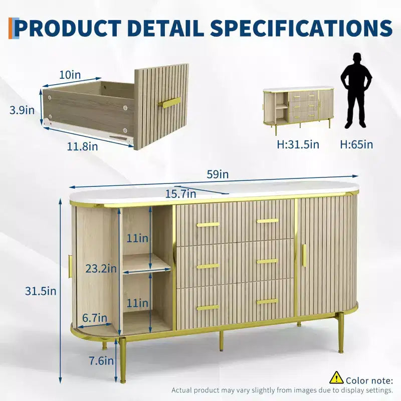 Mobile credenza a buffet scanalato con cassetti multipli e ante scorrevoli per soggiorno e sala da pranzo