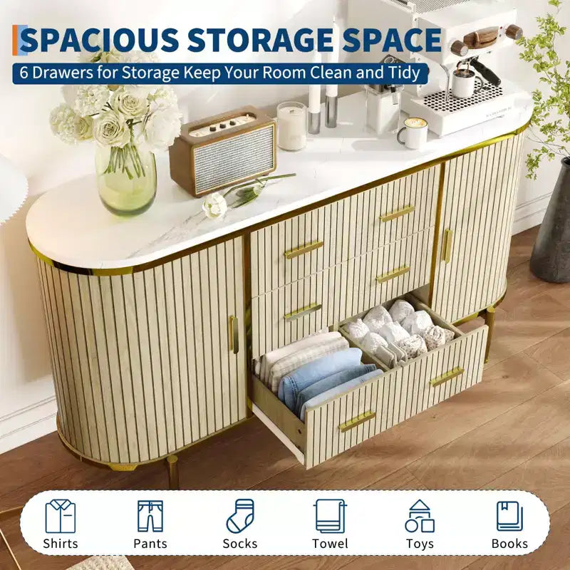 Mobile credenza a buffet scanalato con cassetti multipli e ante scorrevoli per soggiorno e sala da pranzo