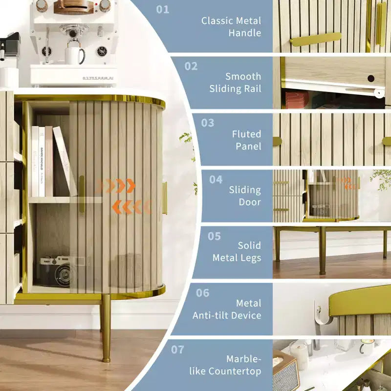 Mobile credenza a buffet scanalato con cassetti multipli e ante scorrevoli per soggiorno e sala da pranzo