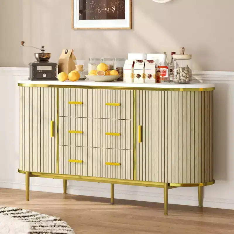 Mobile credenza a buffet scanalato con cassetti multipli e ante scorrevoli per soggiorno e sala da pranzo