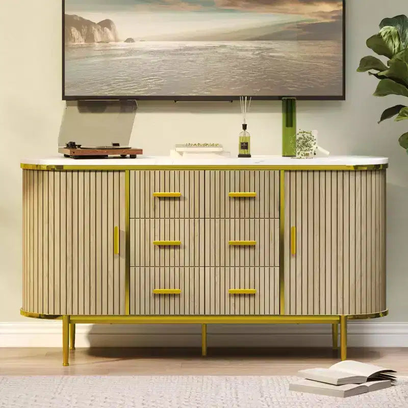 Mobile credenza a buffet scanalato con cassetti multipli e ante scorrevoli per soggiorno e sala da pranzo