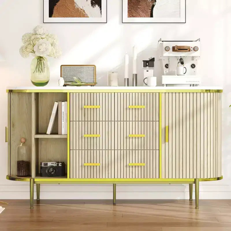 Mobile credenza a buffet scanalato con cassetti multipli e ante scorrevoli per soggiorno e sala da pranzo