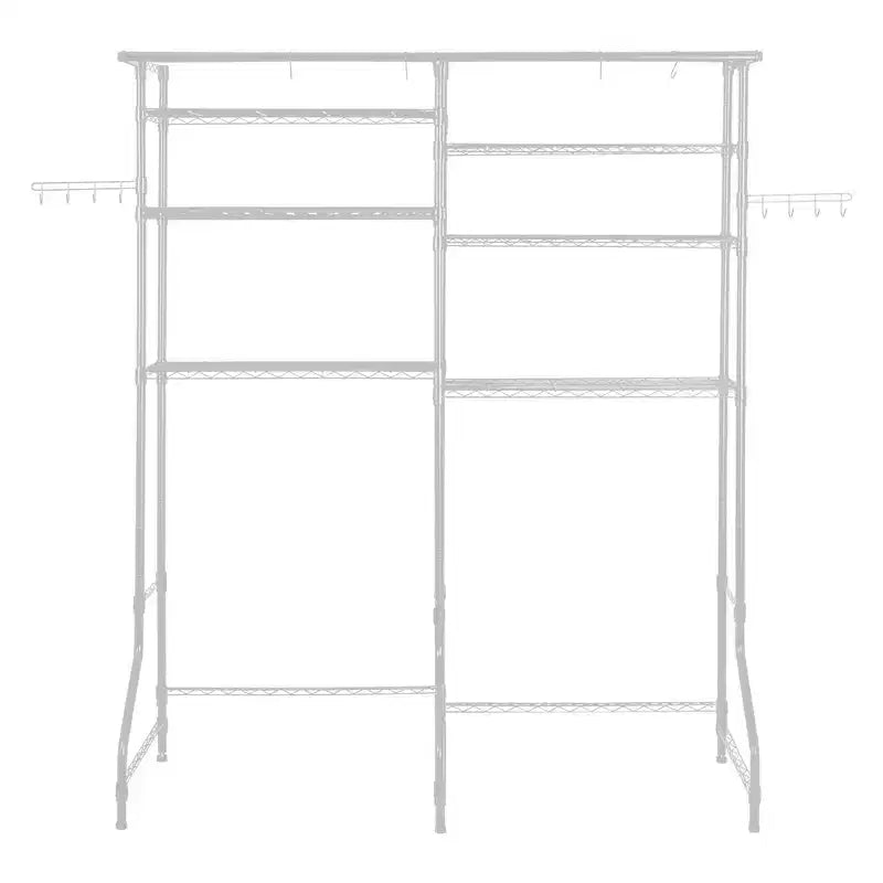 Scaffale regolabile a 6 livelli sopra lavatrice/asciugatrice, asta appendiabiti e ganci, salvaspazio per lavanderia, colore bianco