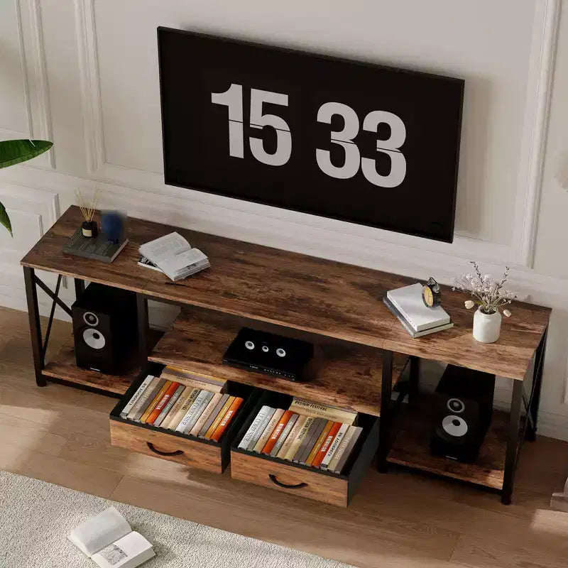 Mobile TV moderno con 2 cassetti in tessuto, mobile porta TV in legno per televisori fino a 75 pollici, tavolo consolle multimediale con ripiani aperti per soggiorno e camera da letto