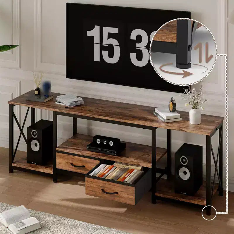 Mobile TV moderno con 2 cassetti in tessuto, mobile porta TV in legno per televisori fino a 75 pollici, tavolo consolle multimediale con ripiani aperti per soggiorno e camera da letto