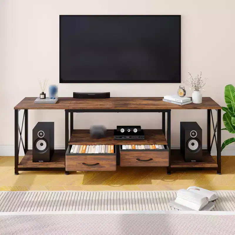 Mobile TV moderno con 2 cassetti in tessuto, mobile porta TV in legno per televisori fino a 75 pollici, tavolo consolle multimediale con ripiani aperti per soggiorno e camera da letto
