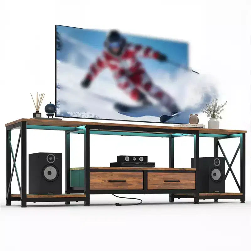 Mobile TV moderno con 2 cassetti in tessuto, mobile porta TV in legno per televisori fino a 75 pollici, tavolo consolle multimediale con ripiani aperti per soggiorno e camera da letto