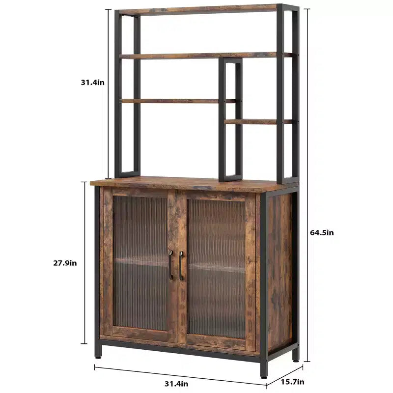 Scaffale per panettiere vintage a 5 livelli con armadietto e supporto per microonde, scaffale portaoggetti da cucina da 162 cm con ganci e ante, grande stazione per il caffè