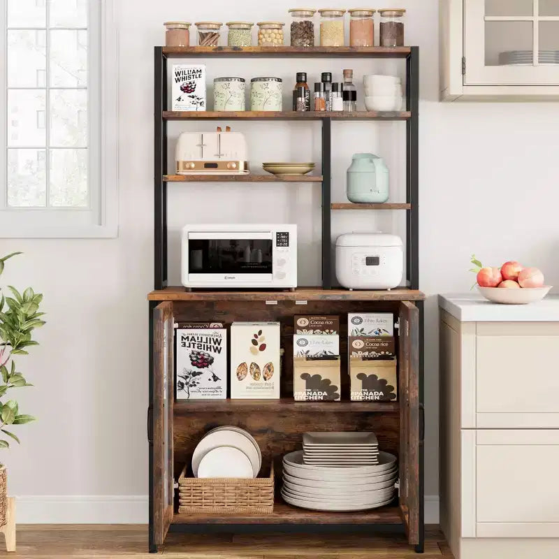 Scaffale per panettiere vintage a 5 livelli con armadietto e supporto per microonde, scaffale portaoggetti da cucina da 162 cm con ganci e ante, grande stazione per il caffè
