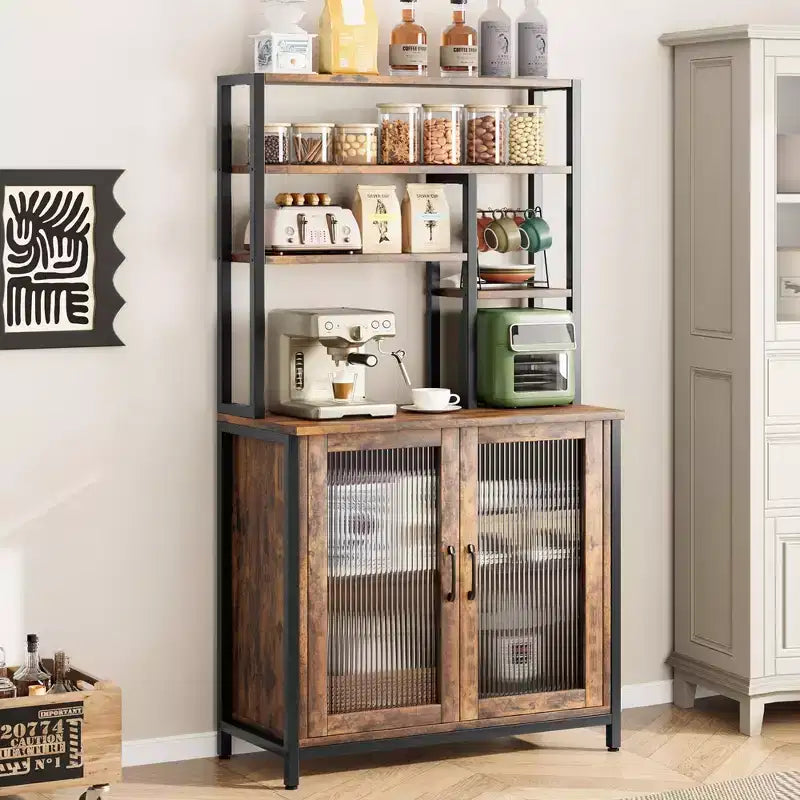 Scaffale per panettiere vintage a 5 livelli con armadietto e supporto per microonde, scaffale portaoggetti da cucina da 162 cm con ganci e ante, grande stazione per il caffè